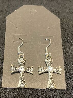 Antique Silver & Clear Crystal Cross Drop Earrings